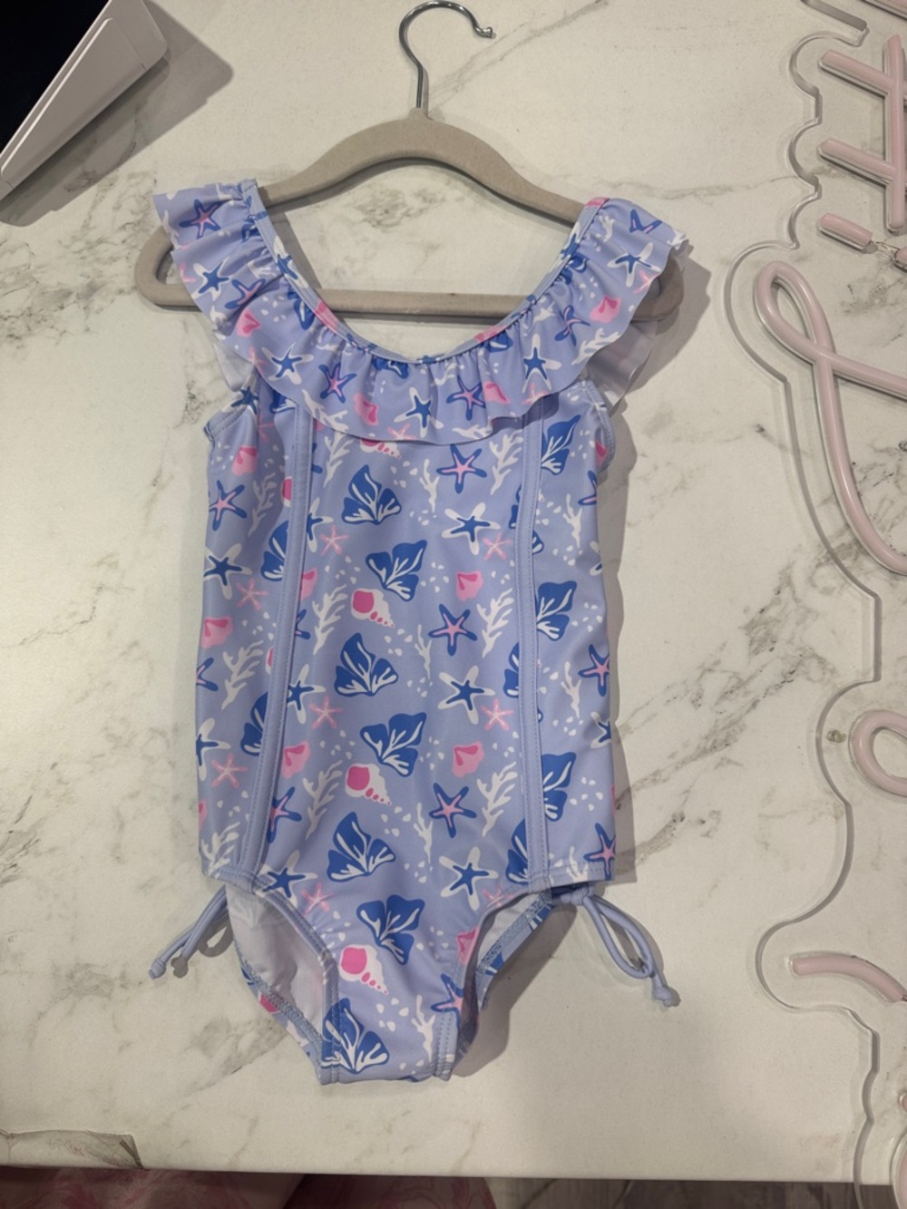 Girls' Light Blue Sea Shell Ruffle One-Piece Swimsuit
